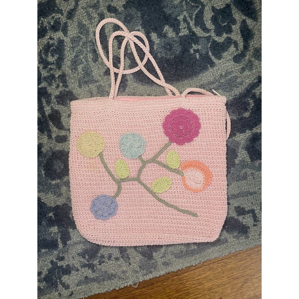 Pink Purse Flower Detail Crochet‎ Inspired Shoulder Bag Garden Granny Whimsy